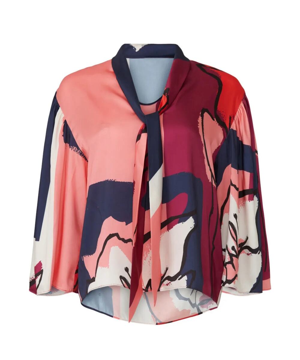 Tanya Taylor Avril Top Floral Satin Polyester Neck Tie Blouse